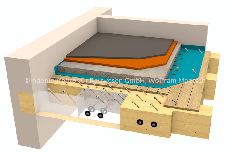 Holz-Beton-Verbunddecke in einer realen Darstellung